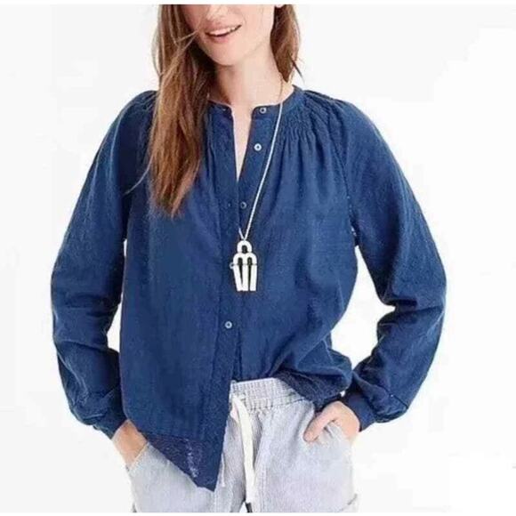 J. Crew Point Sur Peasant Top Womens L Blue Boho Long Sleeve Windowpane Button - Picture 1 of 10